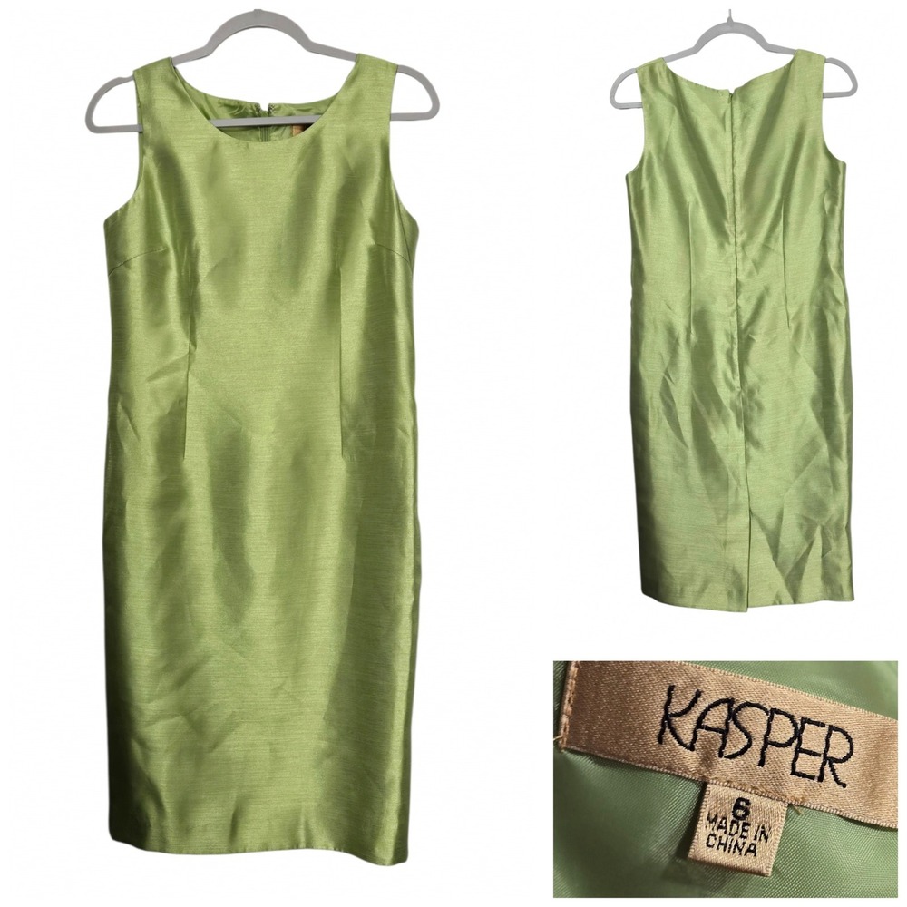 Kasper Sheath Dress Green Sleeveless Textured Size 6 Scoop Neck fully lined